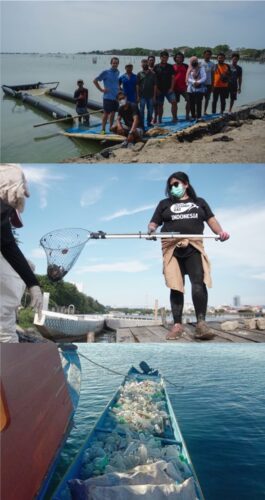 海洋塑料补偿：印尼收集团队使用托盘网和手网清理河流塑料垃圾