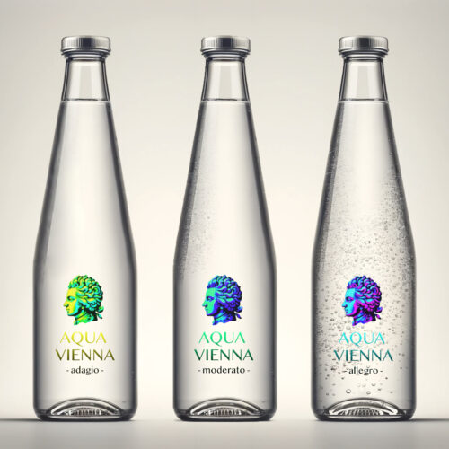 Aqua Vienna系列 – 配有彩色莫扎特风格标志的静矿泉和气泡水阿尔卑斯山瓶装水。