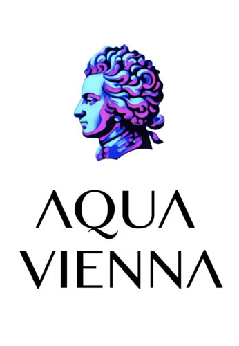Aqua Vienna标志 – 渐变色的莫扎特头像位于现代Aqua Vienna字体上方。